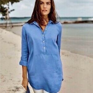 J. Jill Love Linen Blue Half Button Tunic Side Pockets Henley Relaxed Fit